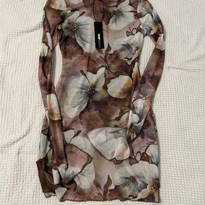 Fashion Nova Long Sleeve Floral Dress - Brown and Cream
